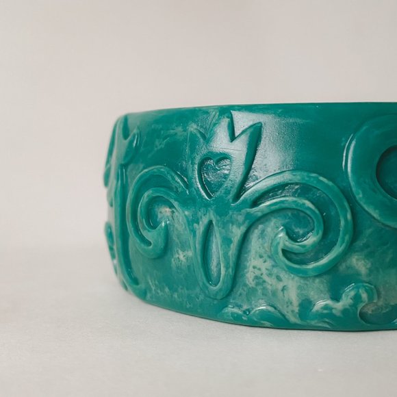 Vintage Acrylic Chunky Teal Green Faux Marble Art Nouveau Wide Bangle Bracelet - Picture 4 of 11